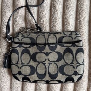 Coach Signature Jacquard Wristlet Black Grey Monogram Small Bag Blue Lining